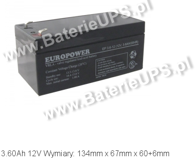Akumulator 12V 3.6Ah EUROPOWER EP 3,6-12. 12 3 AGM.